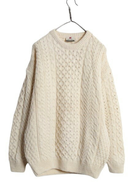 アイルランド製 Carraig Donn フィッシャーマン ウール ニット セーター メンズ レディース M 古着 アラン ケーブル ローゲージ ナチュラル