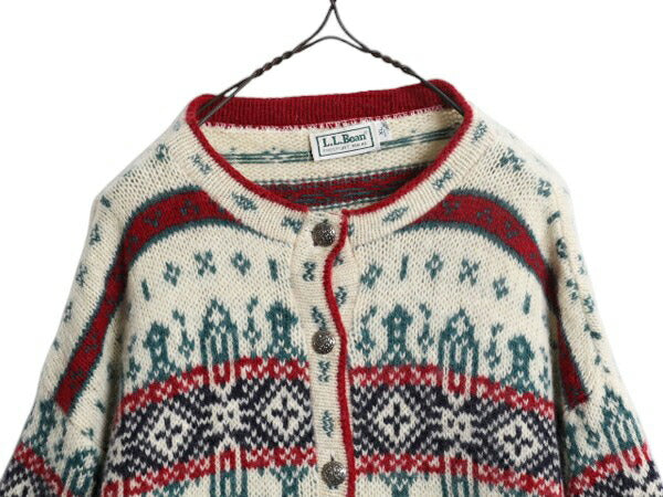 80s USA製 エルエルビーン ノルディック ウール ニット カーディガン レディース XL ヴィンテージ LLBEAN セーター バーズアイ 前開き 丸首