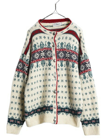 80s USA製 エルエルビーン ノルディック ウール ニット カーディガン レディース XL ヴィンテージ LLBEAN セーター バーズアイ 前開き 丸首