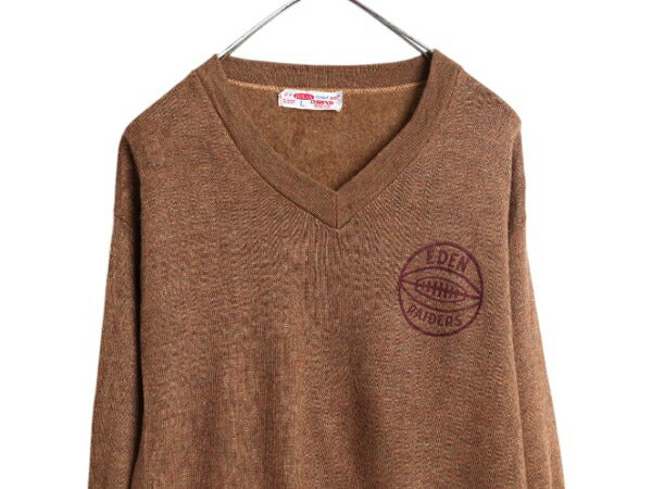 60s USA製 チャンピオン プリント ニット セーター メンズ L / ヴィンテージ Champion DORAN Vネック アクリル レーヨン スポーツ アメフト