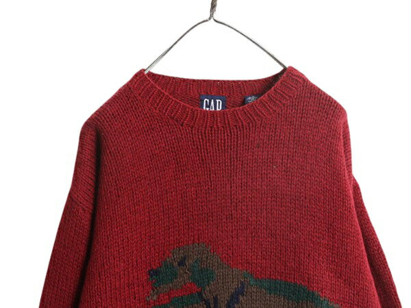手編み 90s OLD GAP シェットランド ウール デザイン ニット セーター メンズ S 古着 オールド ハンドメイド ドッグ 絵柄 犬 ノルディック
