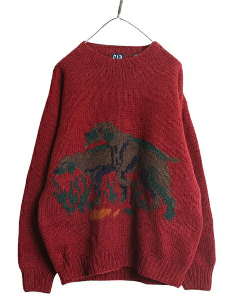 手編み 90s OLD GAP シェットランド ウール デザイン ニット セーター メンズ S 古着 オールド ハンドメイド ドッグ 絵柄 犬 ノルディック