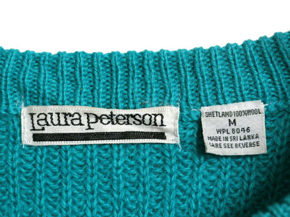 80s シェットランド ウール チャンキー ニット セーター メンズ M 古着 ヴィンテージ Laura Peterson クルーネック 無地 ターコイズ ブルー