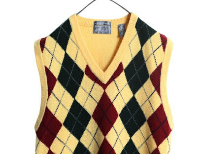 90s LORD&TAYLOR アーガイル ニット ベスト メンズ L レディース XL 程/ オールド Vネック ラム ウール セーター 重ね着 総柄 マルチカラー