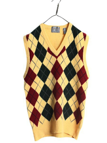 90s LORD&TAYLOR アーガイル ニット ベスト メンズ L レディース XL 程/ オールド Vネック ラム ウール セーター 重ね着 総柄 マルチカラー