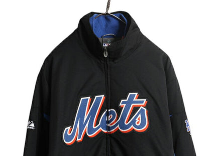 MLB オフィシャル Majestic メッツ 中綿 ナイロン ジャケット メンズ M 古着 裏 フリース スタジャン ウィンドブレーカー 大リーグ 野球 黒