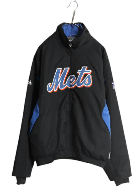 MLB オフィシャル Majestic メッツ 中綿 ナイロン ジャケット メンズ M 古着 裏 フリース スタジャン ウィンドブレーカー 大リーグ 野球 黒