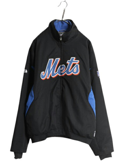 MLB オフィシャル Majestic メッツ 中綿 ナイロン ジャケット メンズ M 古着 裏 フリース スタジャン ウィンドブレーカー 大リーグ 野球 黒