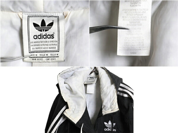 90s アディダス 中綿 ナイロン パーカー ジャケット メンズ M 古着 adidas オールド ジャンパー ウォームアップ 3ライン 中綿 ライナー 黒