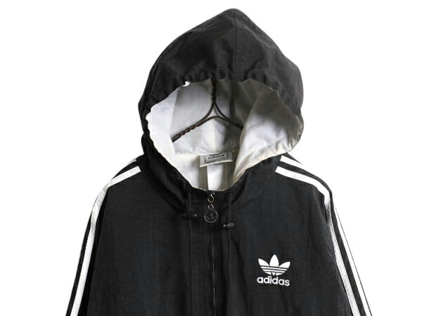 90s アディダス 中綿 ナイロン パーカー ジャケット メンズ M 古着 adidas オールド ジャンパー ウォームアップ 3ライン 中綿 ライナー 黒