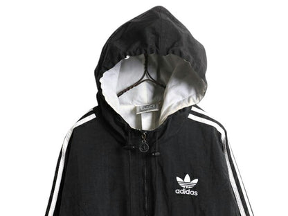 90s アディダス 中綿 ナイロン パーカー ジャケット メンズ M 古着 adidas オールド ジャンパー ウォームアップ 3ライン 中綿 ライナー 黒