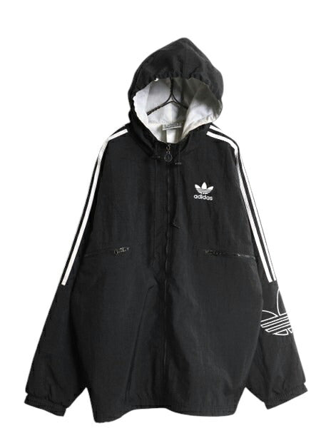 90s アディダス 中綿 ナイロン パーカー ジャケット メンズ M 古着 adidas オールド ジャンパー ウォームアップ 3ライン 中綿 ライナー 黒