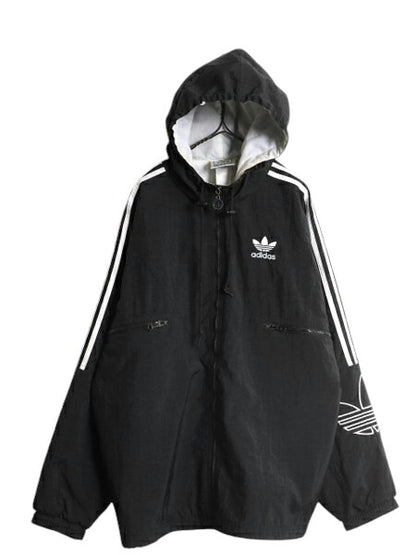 90s アディダス 中綿 ナイロン パーカー ジャケット メンズ M 古着 adidas オールド ジャンパー ウォームアップ 3ライン 中綿 ライナー 黒
