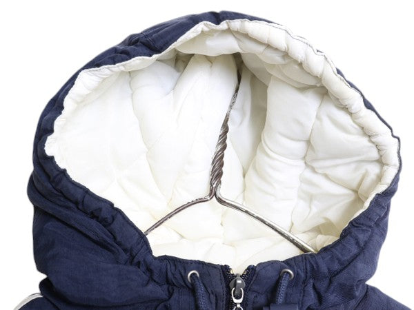 90s アディダス ナイロン パーカー ベンチ コート メンズ L オールド ジャケット ジャンパー ウォームアップ 中綿 キルティング 3ライン 紺