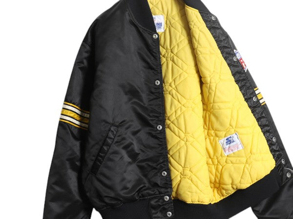90s USA製 NFL オフィシャル スターター スティーラーズ ナイロン サテン スタジャン メンズ L 中綿 ジャケット キルティング ライナー 黒