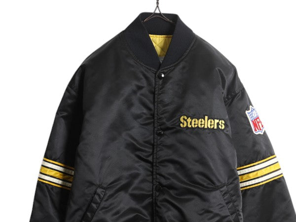 90s USA製 NFL オフィシャル スターター スティーラーズ ナイロン サテン スタジャン メンズ L 中綿 ジャケット キルティング ライナー 黒