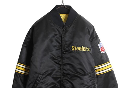 90s USA製 NFL オフィシャル スターター スティーラーズ ナイロン サテン スタジャン メンズ L 中綿 ジャケット キルティング ライナー 黒