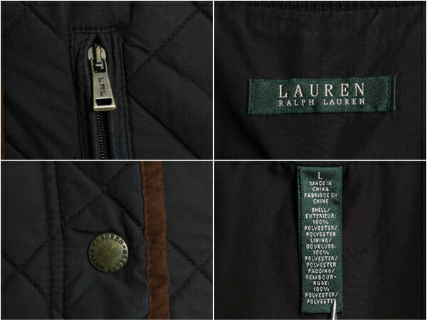 00s LAUREN ラルフローレン 中綿 キルティング ナイロン ベスト レディース L オールド ポロ 重ね着  前開き ハイネック スタンドカラー 黒