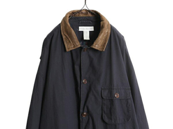 90s バナナリパブリック ハンティング ジャケット メンズ XL 古着 オールド BANANA REPUBLIC フィールド ハーフ コート 襟 本革 レザー 紺