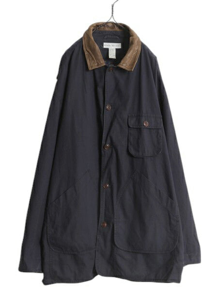 90s バナナリパブリック ハンティング ジャケット メンズ XL 古着 オールド BANANA REPUBLIC フィールド ハーフ コート 襟 本革 レザー 紺