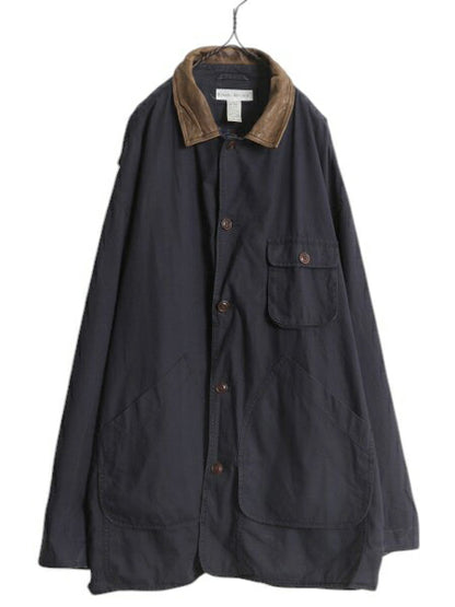 90s バナナリパブリック ハンティング ジャケット メンズ XL 古着 オールド BANANA REPUBLIC フィールド ハーフ コート 襟 本革 レザー 紺
