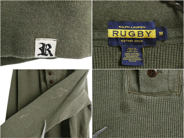 ラグビー ラルフローレン ヘンリーネック サーマル 長袖 Tシャツ メンズ M / ポロ RUGBY ワッフル ショールカラー 襟付き コットン カーキ