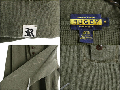 ラグビー ラルフローレン ヘンリーネック サーマル 長袖 Tシャツ メンズ M / ポロ RUGBY ワッフル ショールカラー 襟付き コットン カーキ