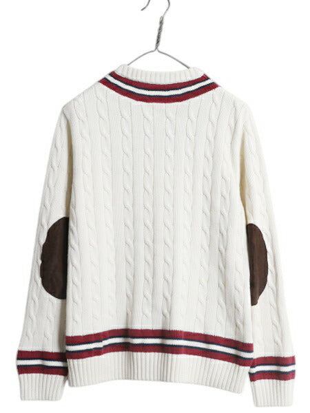 チャップス ラルフローレン チルデン コットン ニット セーター レディース L / ポロ CHAPS Vネック ケーブル エルボーパッチ ナチュラル