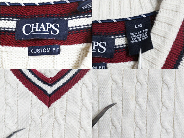 チャップス ラルフローレン チルデン コットン ニット セーター レディース L / ポロ CHAPS Vネック ケーブル エルボーパッチ ナチュラル