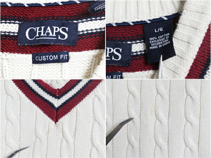 チャップス ラルフローレン チルデン コットン ニット セーター レディース L / ポロ CHAPS Vネック ケーブル エルボーパッチ ナチュラル