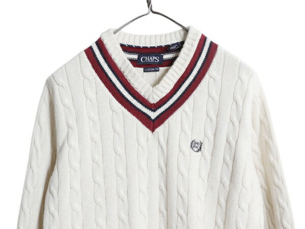チャップス ラルフローレン チルデン コットン ニット セーター レディース L / ポロ CHAPS Vネック ケーブル エルボーパッチ ナチュラル