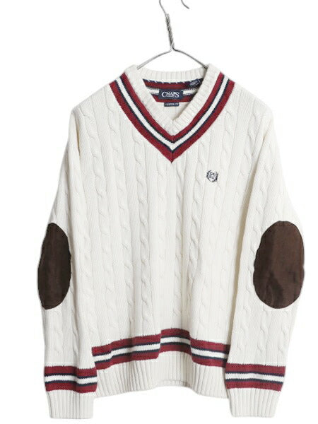チャップス ラルフローレン チルデン コットン ニット セーター レディース L / ポロ CHAPS Vネック ケーブル エルボーパッチ ナチュラル