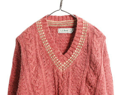 80s エルエルビーン チルデン ニット セーター メンズ レディース M 古着 旧タグ ヴィンテージ LLBEAN Vネック リネン コットン ケーブル