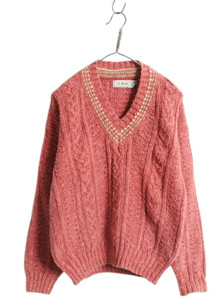 80s エルエルビーン チルデン ニット セーター メンズ レディース M 古着 旧タグ ヴィンテージ LLBEAN Vネック リネン コットン ケーブル