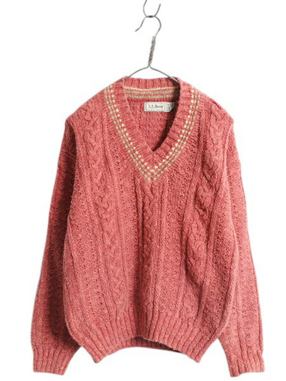 80s エルエルビーン チルデン ニット セーター メンズ レディース M 古着 旧タグ ヴィンテージ LLBEAN Vネック リネン コットン ケーブル