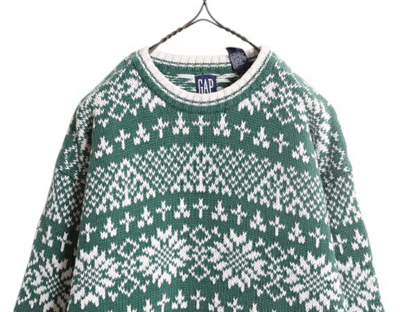 90s OLD GAP コットン ニット セーター メンズ レディース S 古着 旧タグ オールド ギャップ ヘビーウェイト ノルディック バーズアイ 総柄
