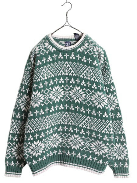 90s OLD GAP コットン ニット セーター メンズ レディース S 古着 旧タグ オールド ギャップ ヘビーウェイト ノルディック バーズアイ 総柄