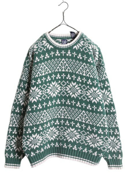 90s OLD GAP コットン ニット セーター メンズ レディース S 古着 旧タグ オールド ギャップ ヘビーウェイト ノルディック バーズアイ 総柄
