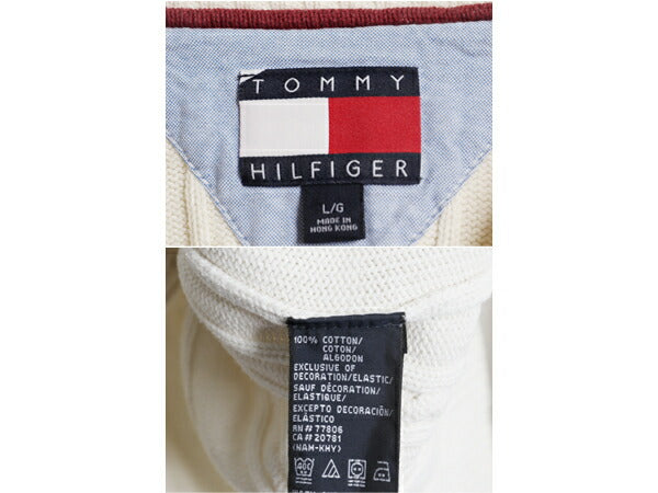 90s トミーヒルフィガー コットン ケーブル ニット セーター メンズ L 古着 オールド TOMMY HILFIGER クルーネック ワンポイント ホワイト