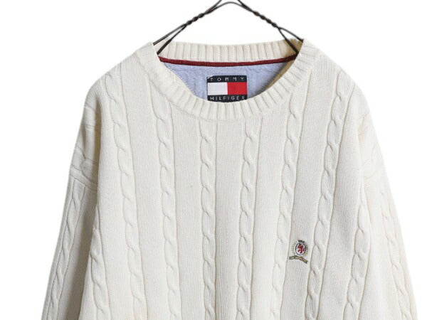90s トミーヒルフィガー コットン ケーブル ニット セーター メンズ L 古着 オールド TOMMY HILFIGER クルーネック ワンポイント ホワイト