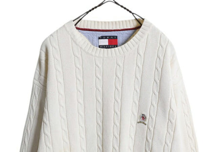 90s トミーヒルフィガー コットン ケーブル ニット セーター メンズ L 古着 オールド TOMMY HILFIGER クルーネック ワンポイント ホワイト