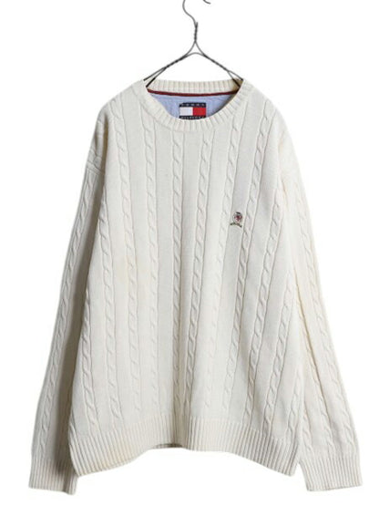 90s トミーヒルフィガー コットン ケーブル ニット セーター メンズ L 古着 オールド TOMMY HILFIGER クルーネック ワンポイント ホワイト
