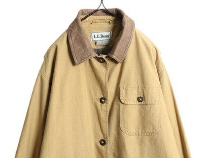 90s エルエルビーン ハンティング ジャケット レディース XL 古着 オールド LLBEAN アウトドア カバーオール ハーフ コート 襟 本革 レザー