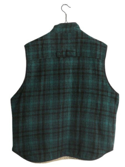 エルエルビーン チェック ウール ベスト メンズ L / LLBEAN 裏 ボア パイル フリース ライナー付き フルジップ ハイネック 重ね着 ツートン