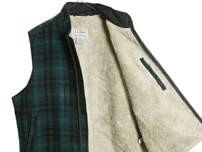 エルエルビーン チェック ウール ベスト メンズ L / LLBEAN 裏 ボア パイル フリース ライナー付き フルジップ ハイネック 重ね着 ツートン