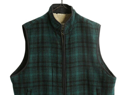 エルエルビーン チェック ウール ベスト メンズ L / LLBEAN 裏 ボア パイル フリース ライナー付き フルジップ ハイネック 重ね着 ツートン