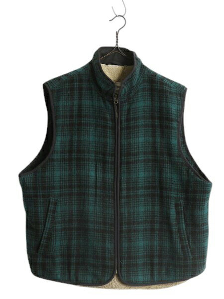 エルエルビーン チェック ウール ベスト メンズ L / LLBEAN 裏 ボア パイル フリース ライナー付き フルジップ ハイネック 重ね着 ツートン
