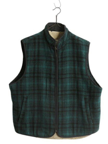 エルエルビーン チェック ウール ベスト メンズ L / LLBEAN 裏 ボア パイル フリース ライナー付き フルジップ ハイネック 重ね着 ツートン