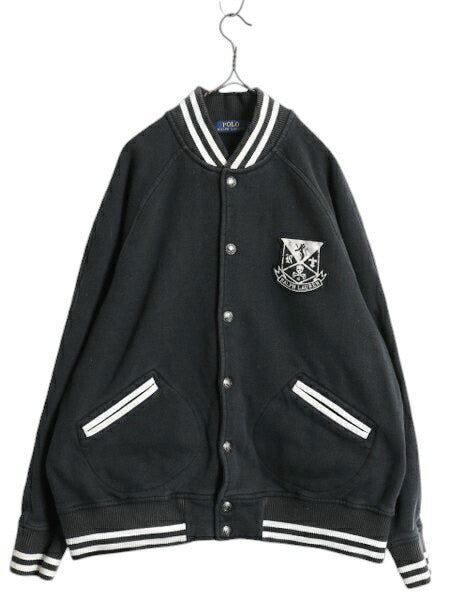 ポロ ラルフローレン スウェット スタジャン メンズ L 古着 ジャケット ジャンパー トレーナー 裏起毛 スカル ワッペン ボタスタ ブラック