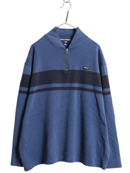 90s ポロスポーツ ラルフローレン ハーフジップ 長袖 Tシャツ メンズ XXL / オールド ボーダー プルオーバー ヘビーウェイト 大きいサイズ